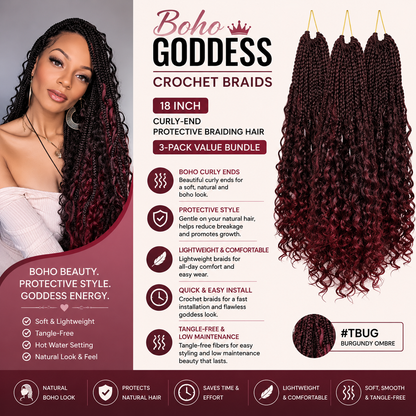 Boho Goddess Crochet Braids 18″ – Curly-End Protective Braiding Hair, Color #TBUG Burgundy Ombre | 3-Pack Value Bundle Clessenza Beauty Store