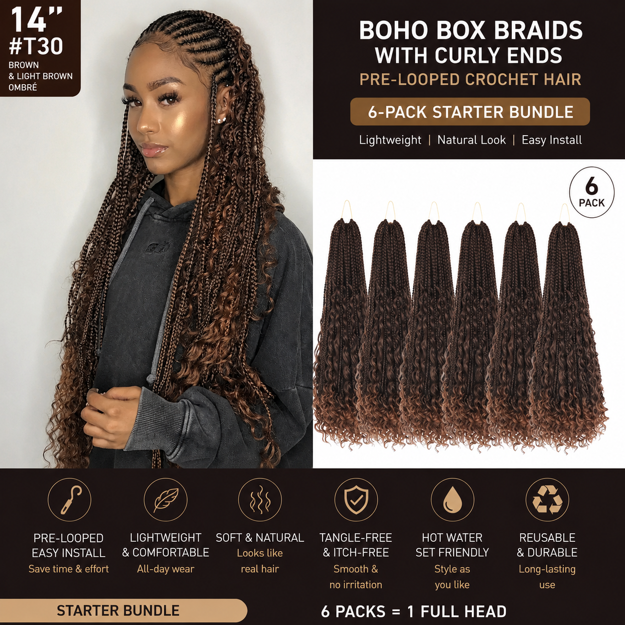 Boho Box Braids with Curly Ends – 14 Inches, #T30 6-Pack Starter Bundle