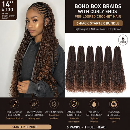 Boho Box Braids with Curly Ends – 14 Inches, #T30 6-Pack Starter Bundle