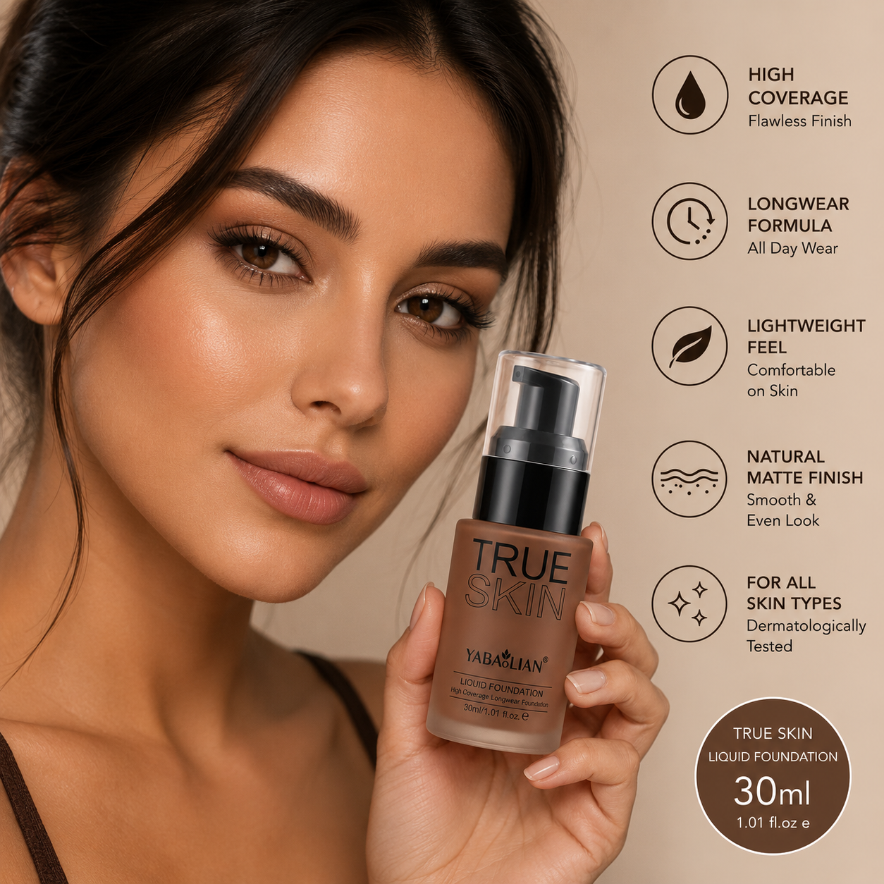 Fond de Teint Liquide True Skin Yabaolian – Haute Couvrance Longue Tenue Mat 30ml