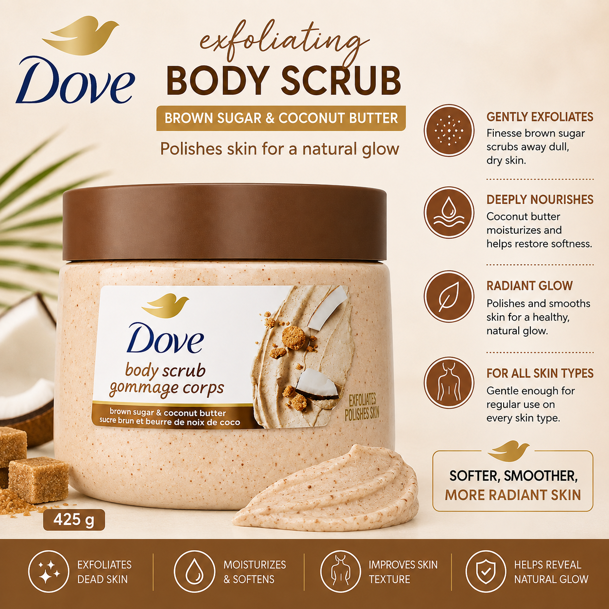 Dove – Exfoliating Body Scrub Brown Sugar & Coconut Butter, 425g Dove