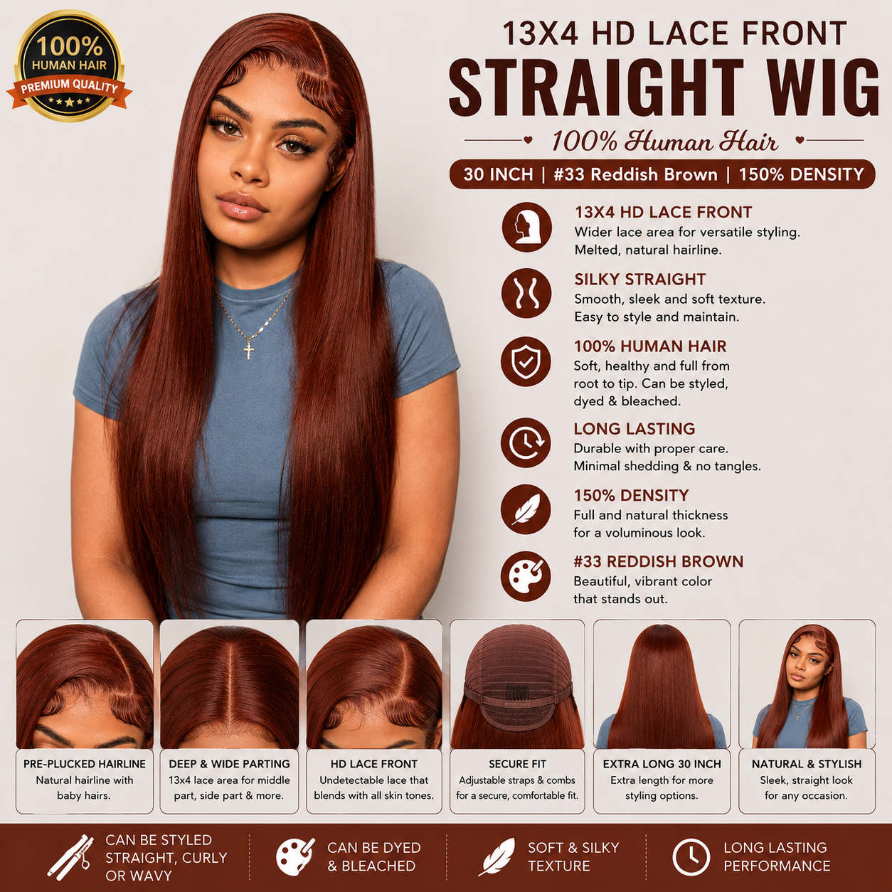 13x4 HD Lace Front Straight Wig 30" – #33 Reddish Brown Human Hair, 150% Density