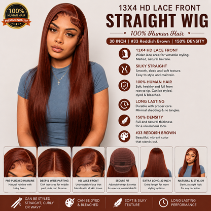 13x4 HD Lace Front Straight Wig 30" – #33 Reddish Brown Human Hair, 150% Density