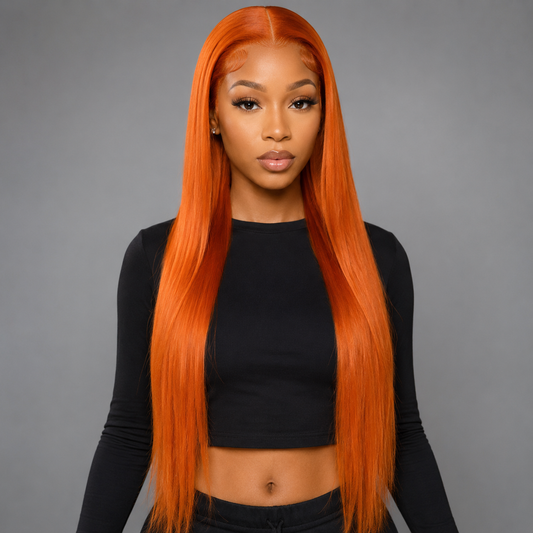 26-inch #350 Orange Ginger straight human hair wig with 13x4 HD transparent lace front, pre-plucked hairline, baby hairs, silky straight texture, and full 180% density.