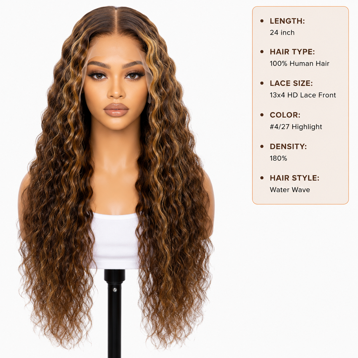 Water Wave 13x4 HD Lace Front Human Hair Wig 24″ – #4/27 Highlight, 180% Density Clessenza Beauty Store