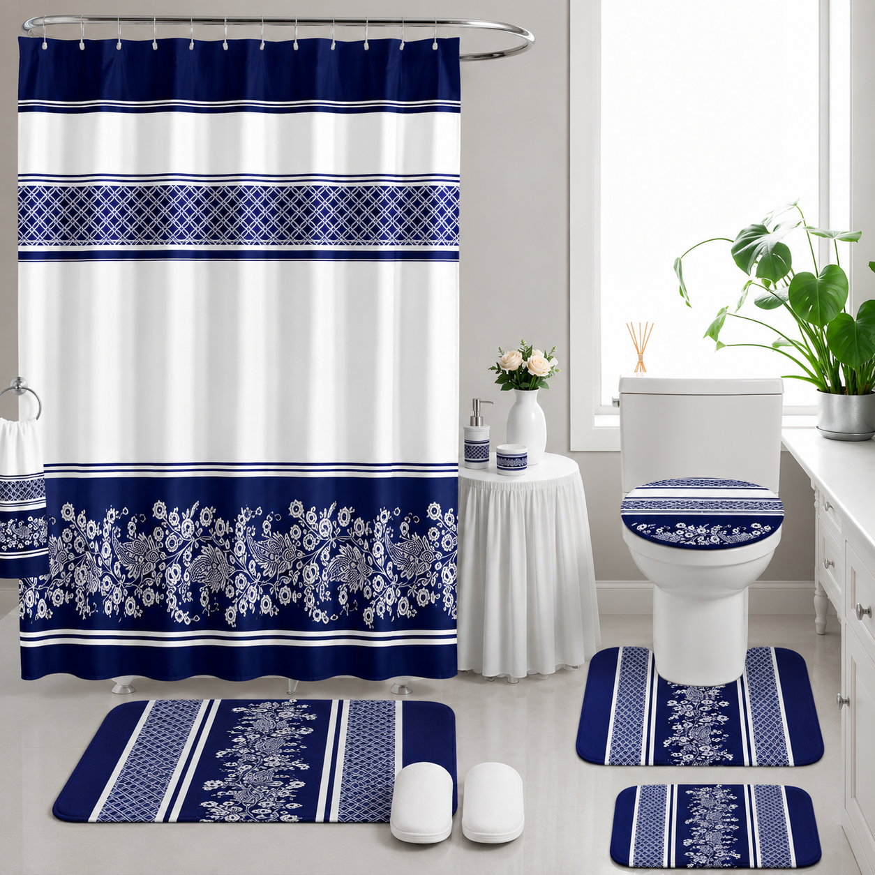 Ensemble de Literie Luxe Bleu Marine 24 Pièces King avec Rideaux et Accessoires de Salle de Bain