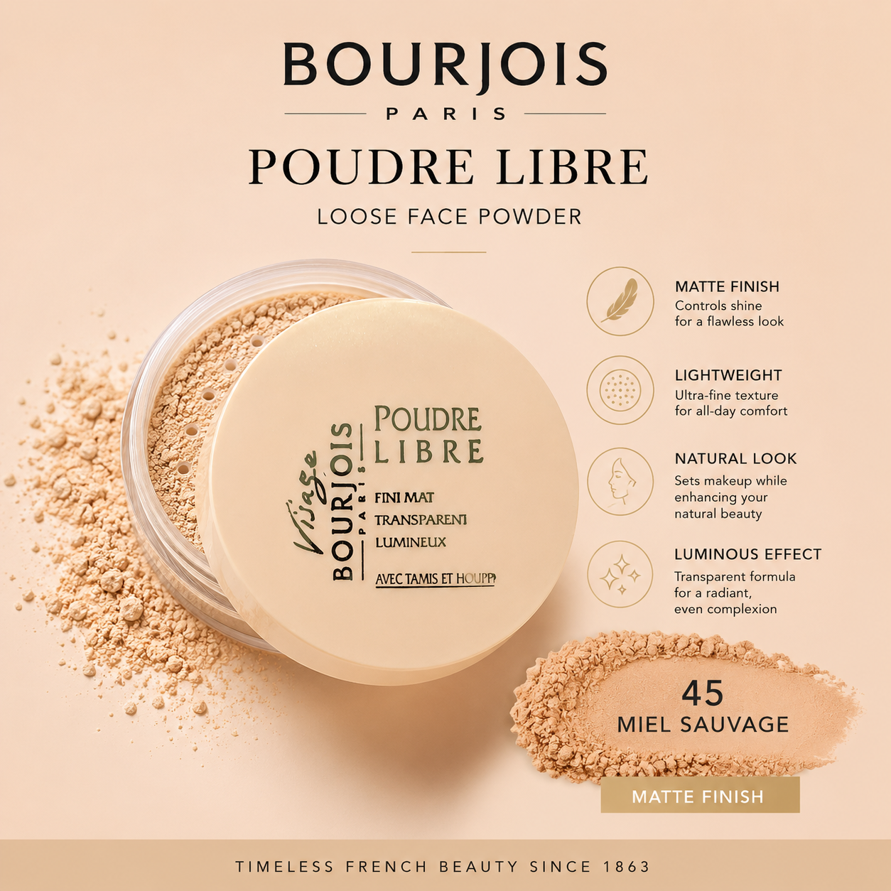 Poudre Libre Bourjois Teinte 45 Miel Sauvage – Fini Mat Transparent
