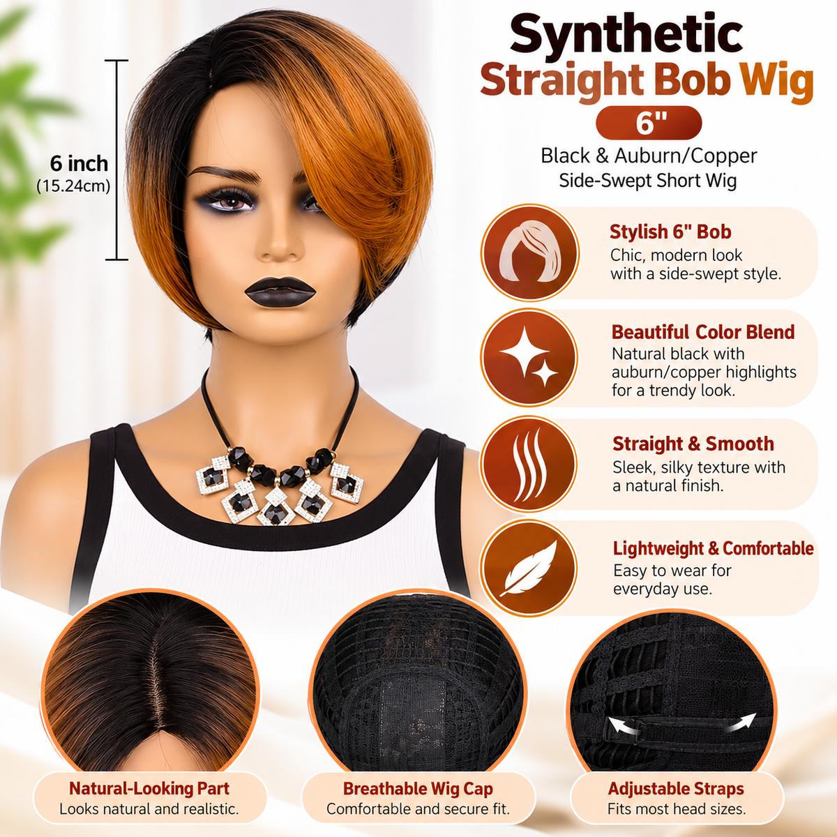 Synthetic Straight Bob Wig – 6″ – Black & Auburn/Copper – Side-Swept Short Wig Clessenza Beauty Store