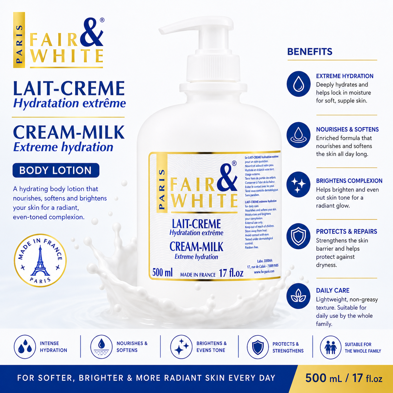 Fair & White Paris – Original Cream-Milk Extreme Hydration Body Lotion with Pump, 500 mL