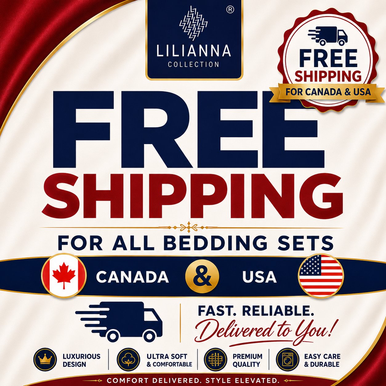 Advertisement for Lilianna Collection bedding sets with free shipping for Canada and USA.