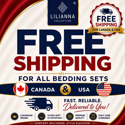 Advertisement for Lilianna Collection bedding sets with free shipping for Canada and USA.