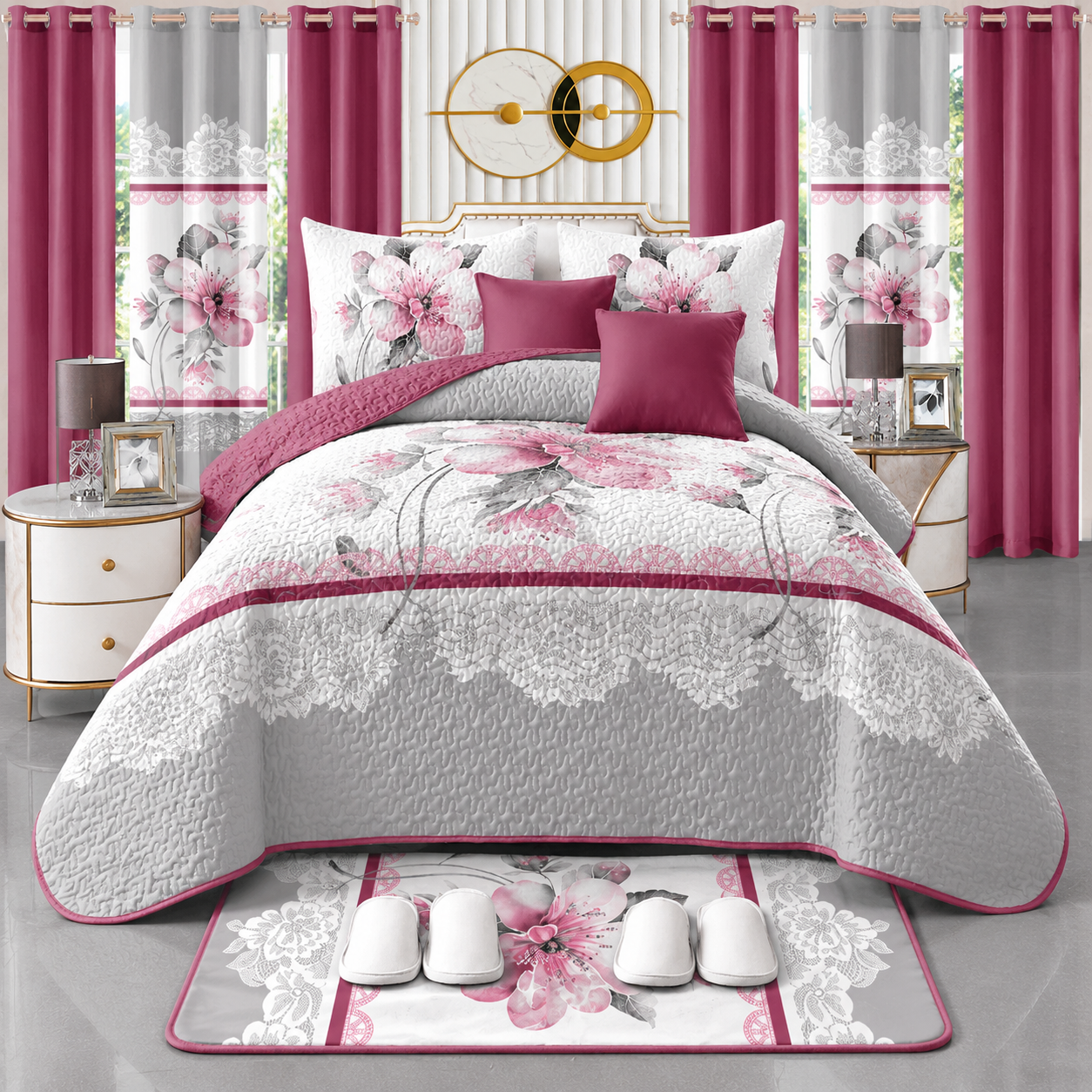 Ensemble de Literie Luxe Floral Rose et Gris 24 Pièces King avec Rideaux et Accessoires de Salle de Bain
