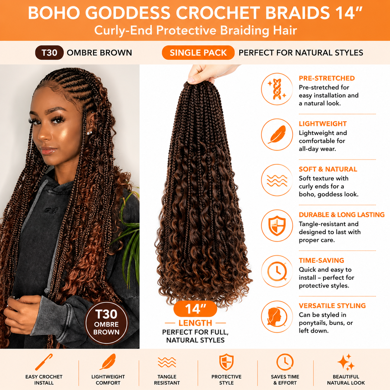 Boho Goddess Crochet Braids 14″ – Curly-End Protective Braiding Hair, Color #T30 Ombre Brown