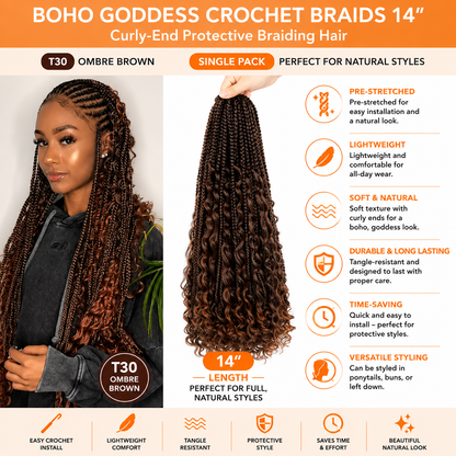 Boho Goddess Crochet Braids 14″ – Curly-End Protective Braiding Hair, Color #T30 Ombre Brown