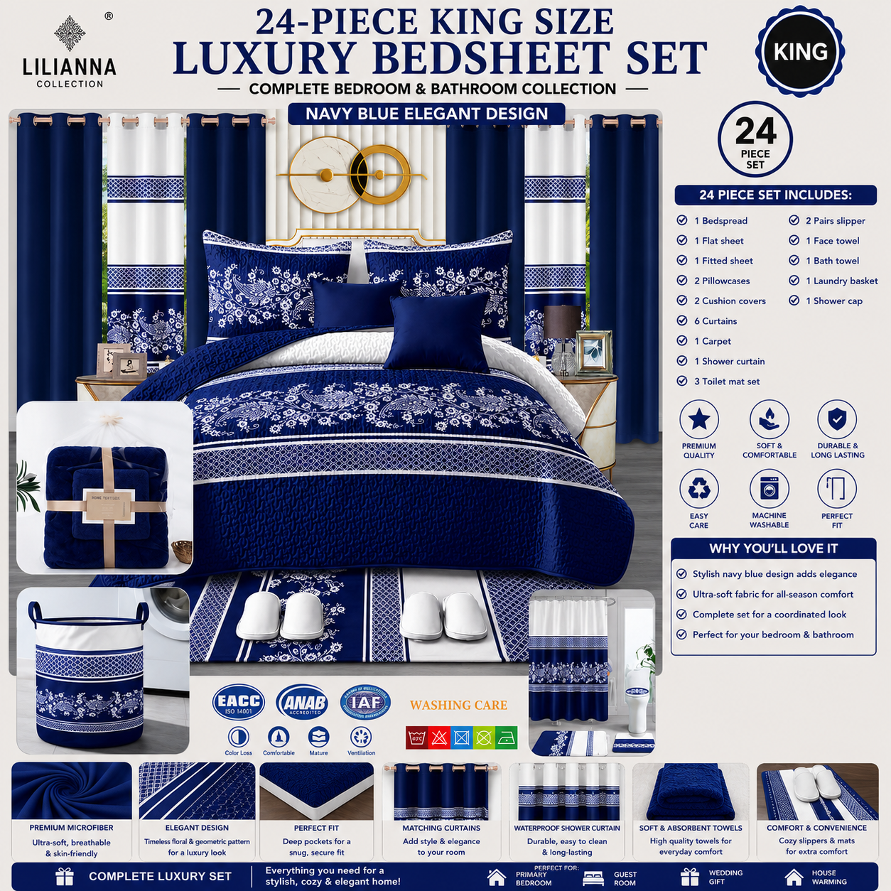 24-Piece King Size Navy Blue Luxury Bedding Set with Curtains & Bathroom Accessories