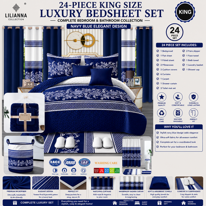 24-Piece King Size Navy Blue Luxury Bedding Set with Curtains & Bathroom Accessories