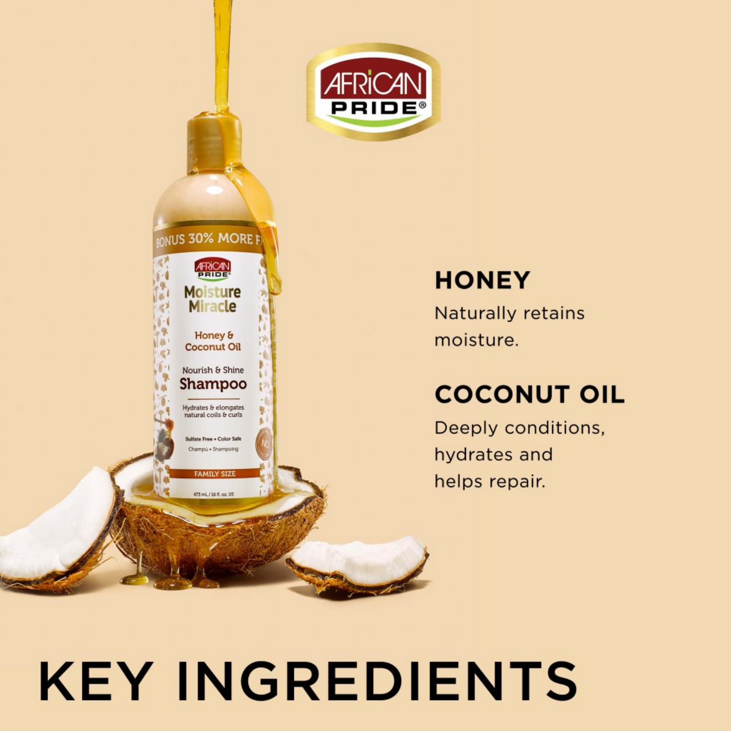 African Pride – Champú hidratante de miel y aceite de coco, 473 ml (16 onzas líquidas) 