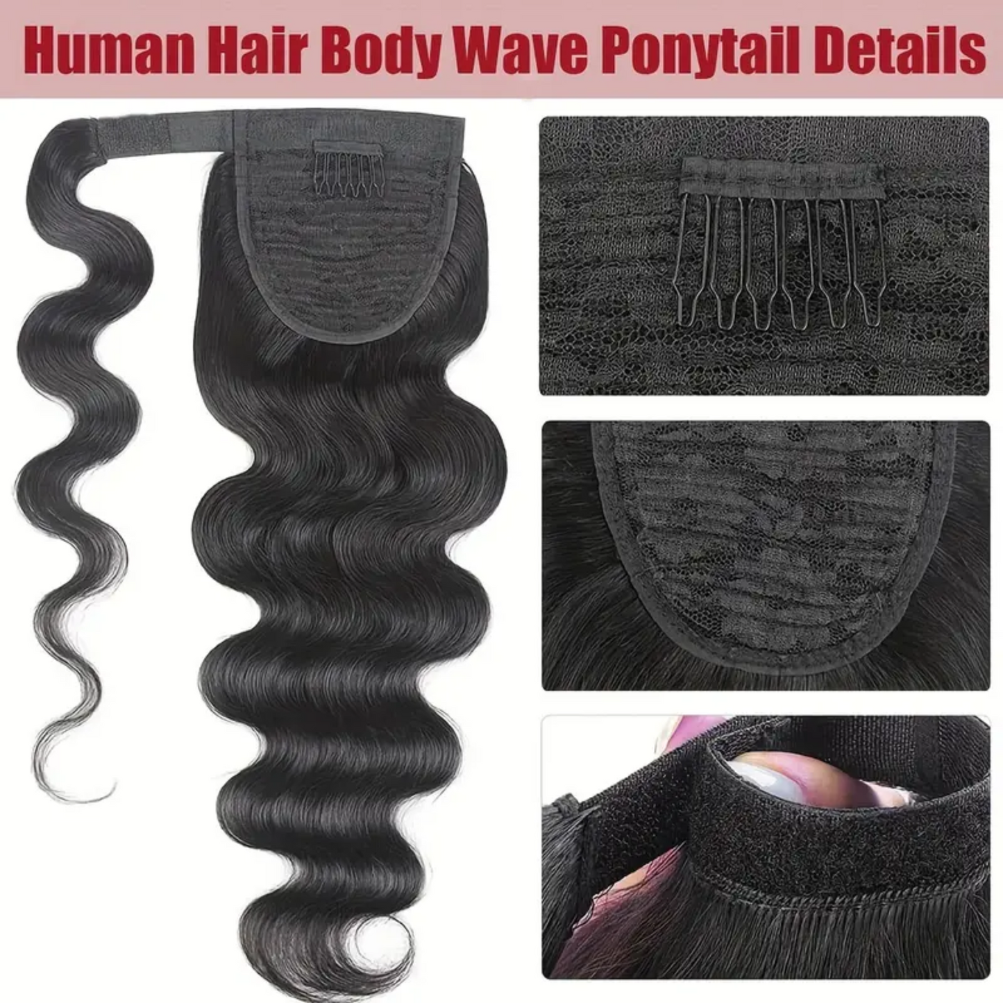 Ultimate Elegance: 16-inch Long Luxurious Natural Human Hair Body Wave Wrap Around Clip In, Ponytail Extension