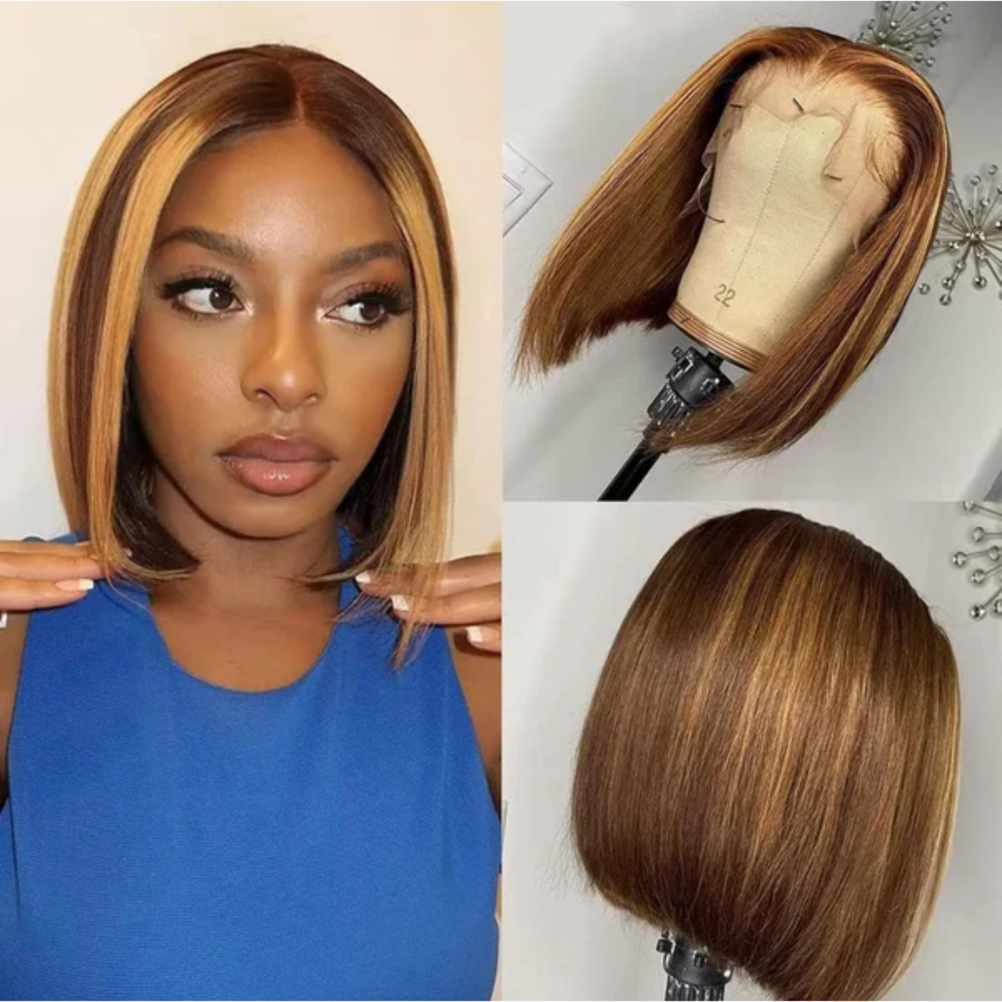 Splendid Medium Brown & Honey Blonde highlights Human Hair Bob Wig - 13x4 Lace Frontal, 4/27, 10 inches