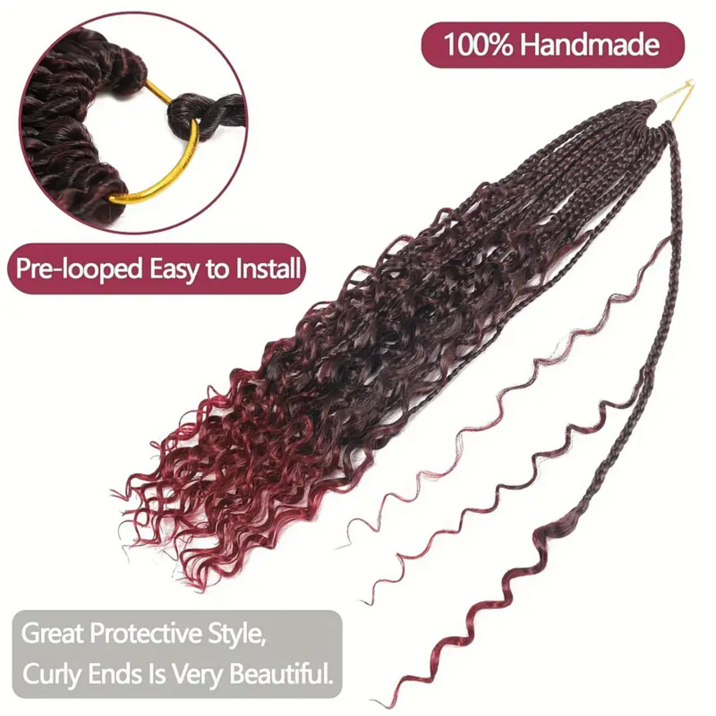 18 inches Box Braids Synthetic Crochet Hair w/ Curly Ends, TBUG#