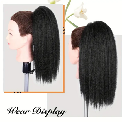 16 inch Natural Black Kinky Straight Ponytail Hair Extensions w/ Claw Clip