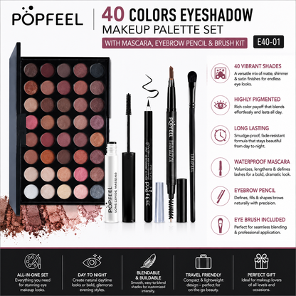 POPFEEL Palette de 40 Couleurs de Fards à Paupières avec Mascara, Crayon à Sourcils et Kit de Pinceaux – E40-01
