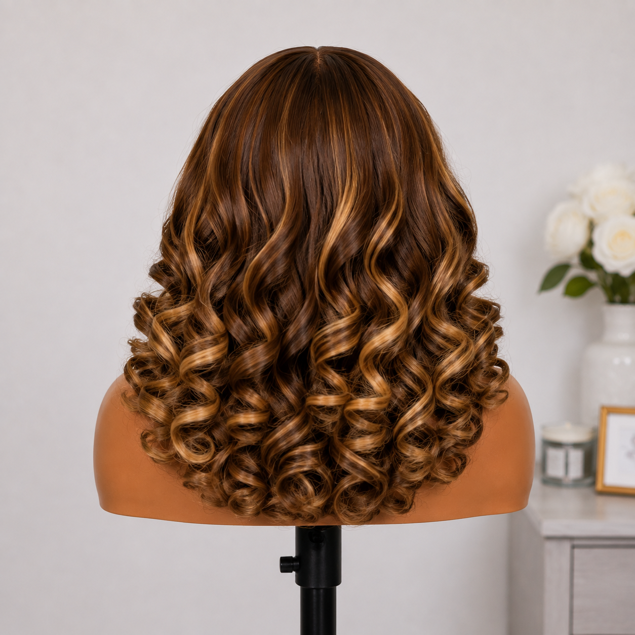 13×4 Lace Front Human Hair Wig – 16″ Bouncy Curly – #4/27 Brown & Blonde – 150% Density Clessenza Beauty Store
