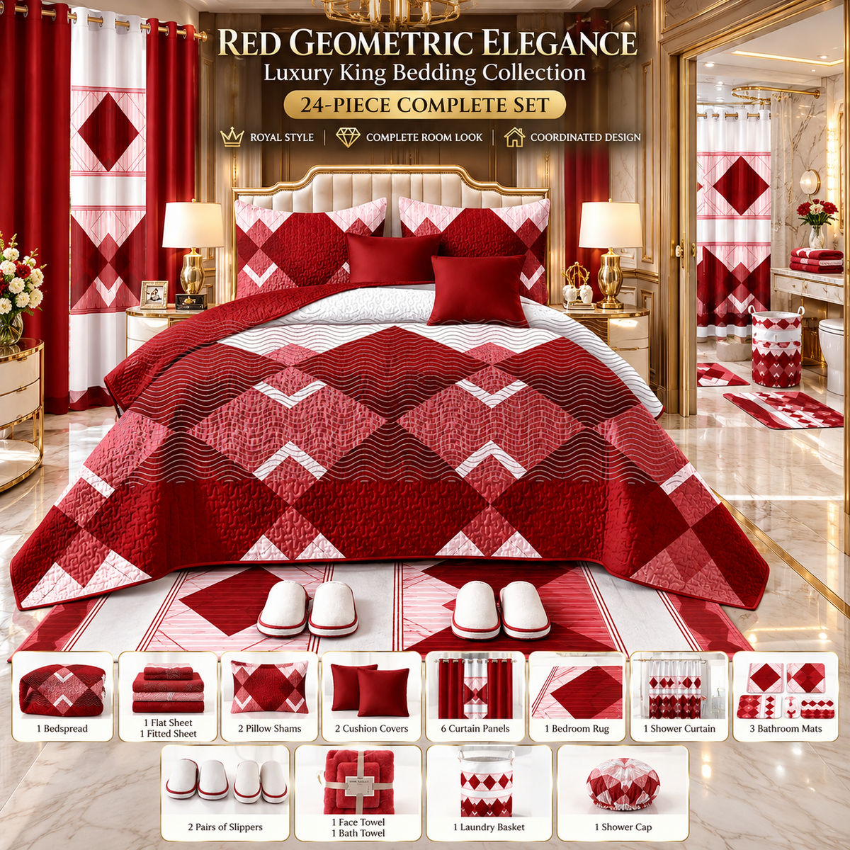 24-Piece Luxury Bedding Set with Matching Curtains & Bathroom Accessories – Red Geometric Elegance Clessenza Beauty Store