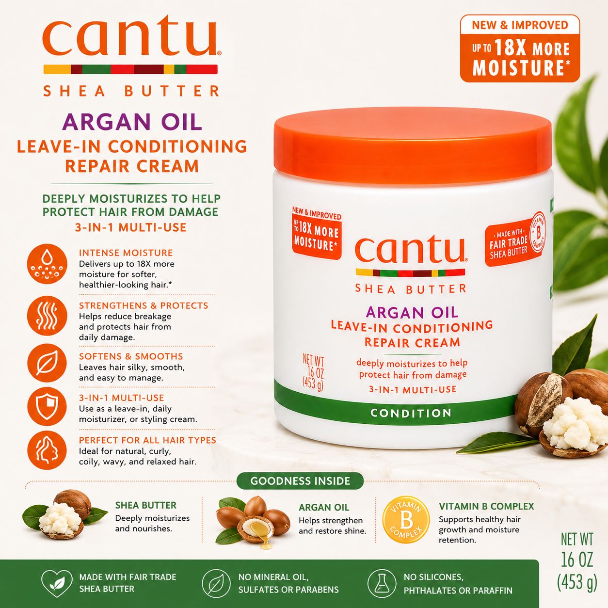 Cantu – Shea Butter Argan Oil Leave-In Conditioning Repair Cream, 16 Oz