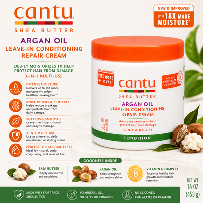 Cantu – Shea Butter Argan Oil Leave-In Conditioning Repair Cream, 16 Oz