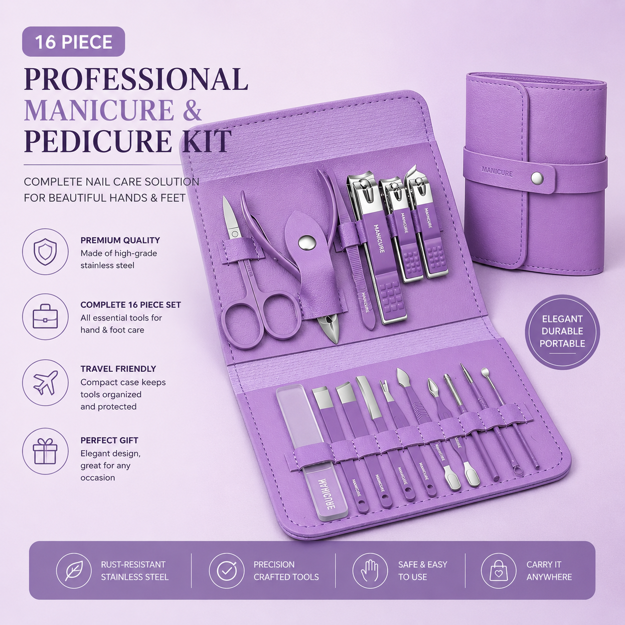 16 Piece Professional Manicure & Pedicure Kit – Stainless Steel Nail Care Set with Travel Case