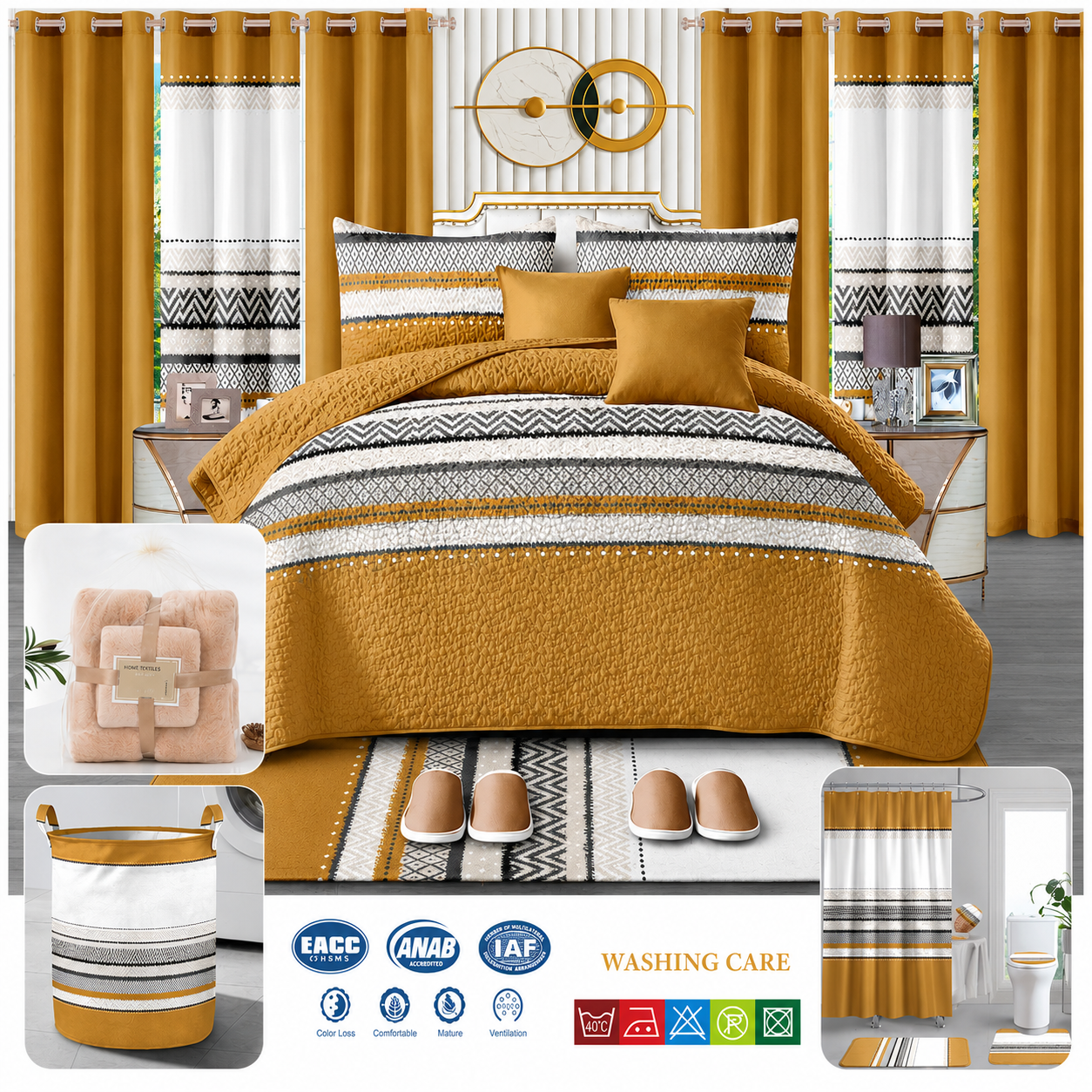 24-piece king size luxury bedding set featuring a brown geometric comforter, matching curtains, decorative cushions, bathroom mats, shower curtain, towels, laundry basket, slippers, and coordinated bathroom accessories.