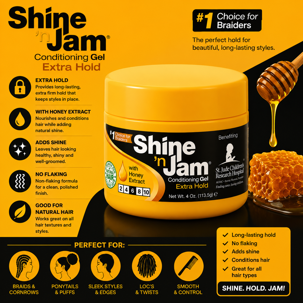 Shine 'n Jam – Conditioning Gel Extra Hold with Honey Extract, 4 oz