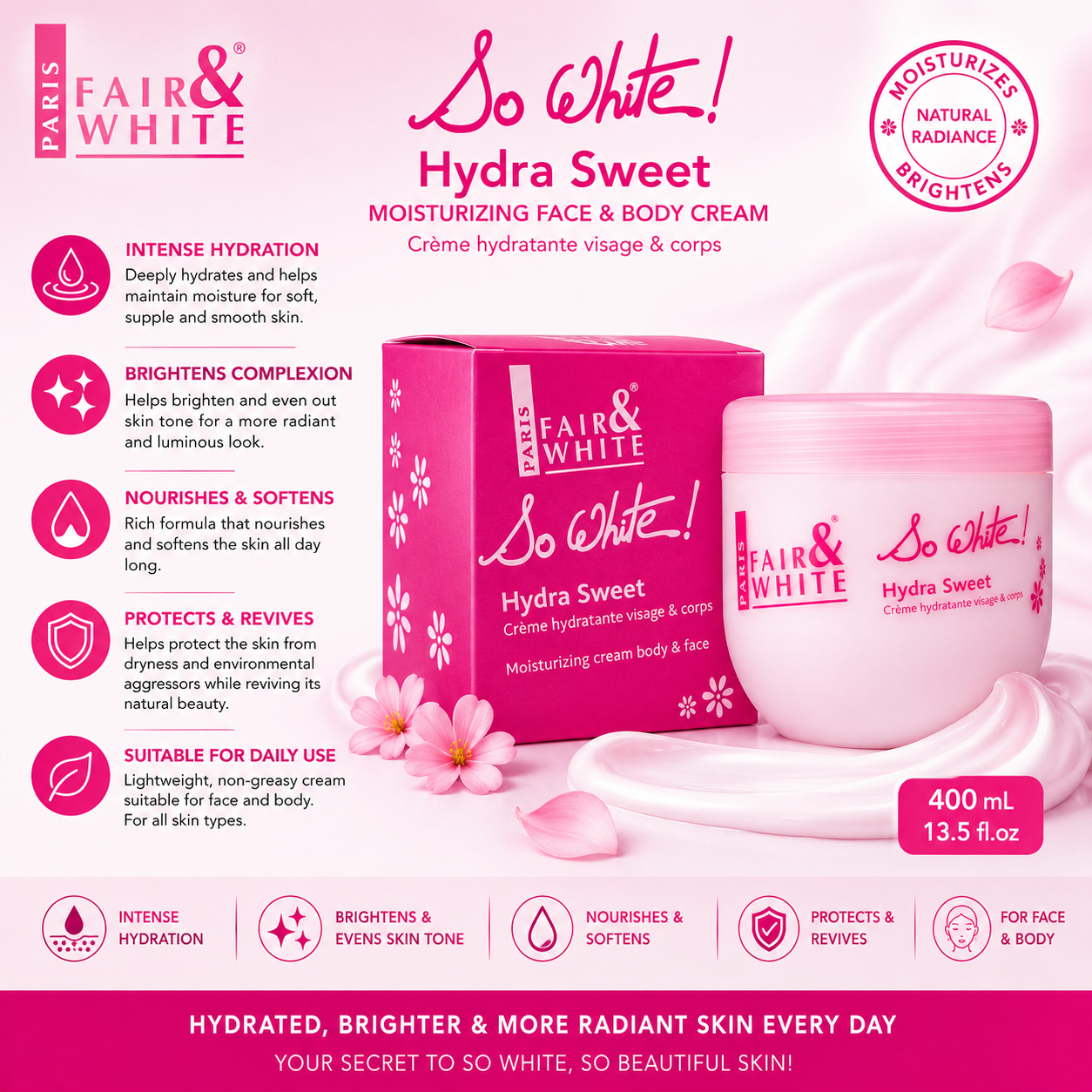 Fair & White Paris – So White! Crème Hydratante Hydra Sweet pour le Visage et le Corps, 400 mL