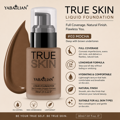 Yabaolian Fond de Teint Liquide True Skin – Couvrance Totale au Fini Naturel