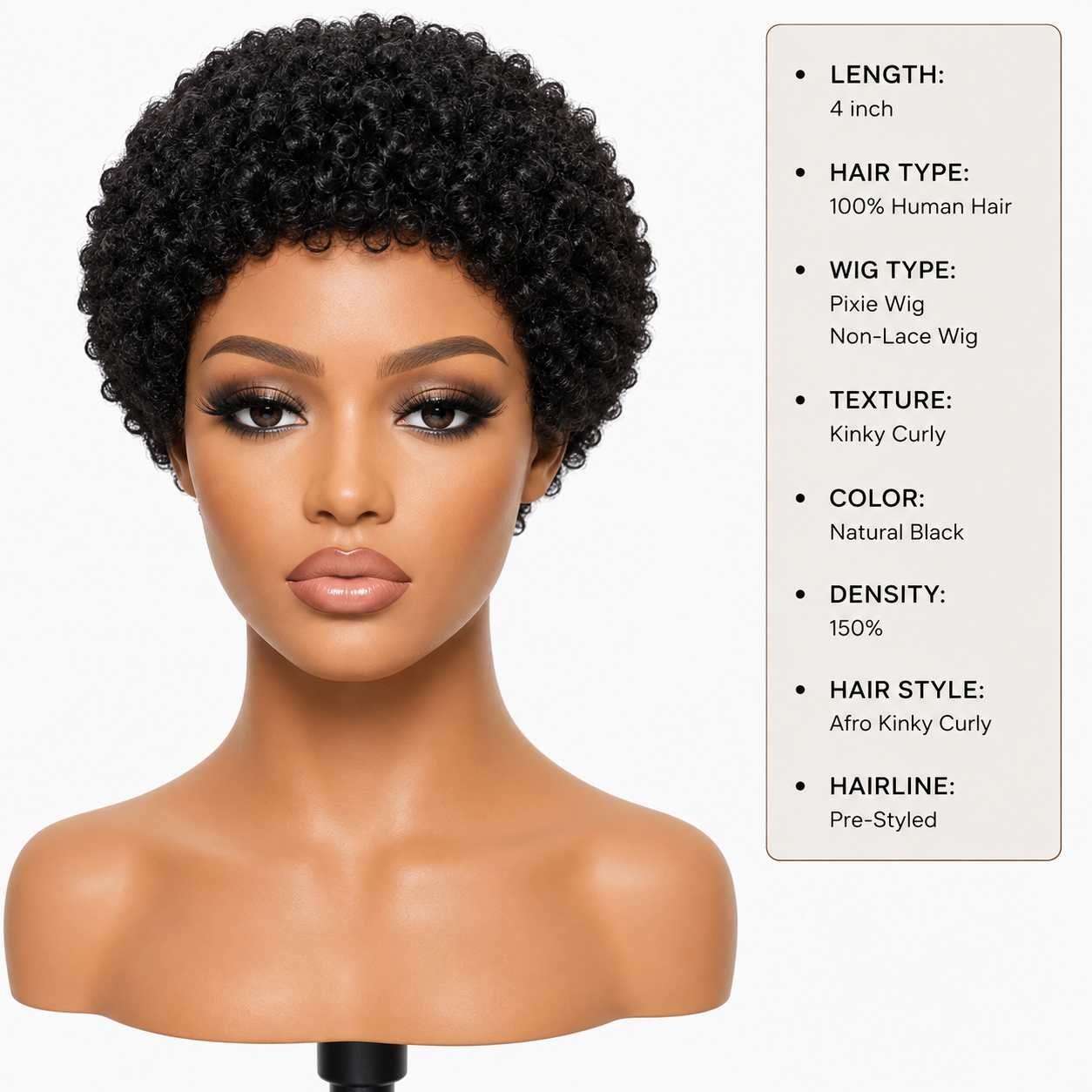 Luxury Afro Kinky Curly Human Hair Pixie Wig – 4″ Short Non-Lace Wig, Natural Black, 150% Density Clessenza Beauty Store