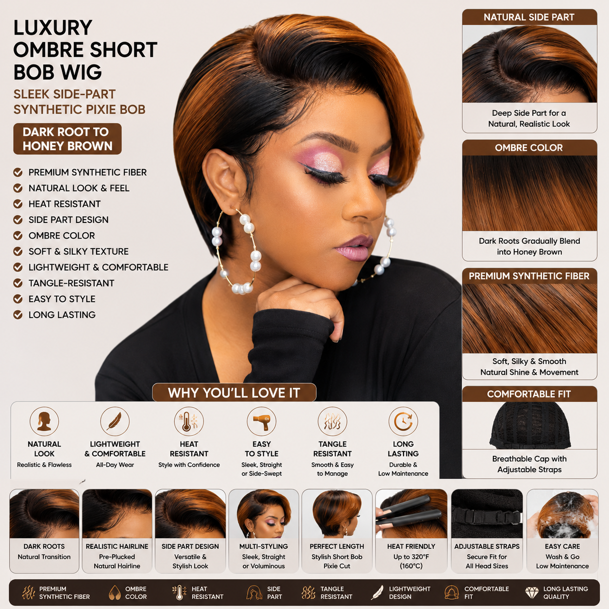 Perruque Bob Court Ombre Luxe – Coupe Pixie Bob Lisse avec Raie sur le Côté, Synthétique, Racines Foncées à Brun Miel