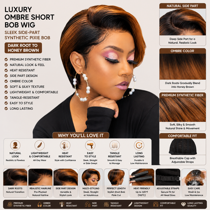 Perruque Bob Court Ombre Luxe – Coupe Pixie Bob Lisse avec Raie sur le Côté, Synthétique, Racines Foncées à Brun Miel