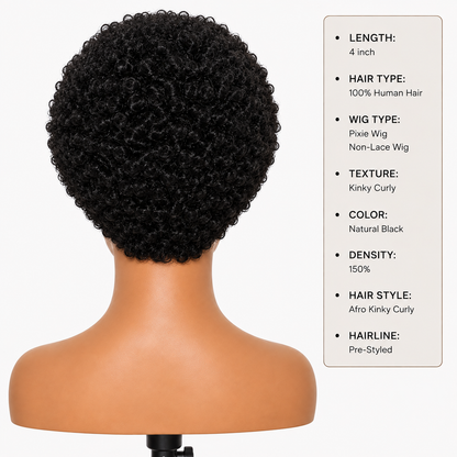 Luxury Afro Kinky Curly Human Hair Pixie Wig – 4″ Short Non-Lace Wig, Natural Black, 150% Density Clessenza Beauty Store