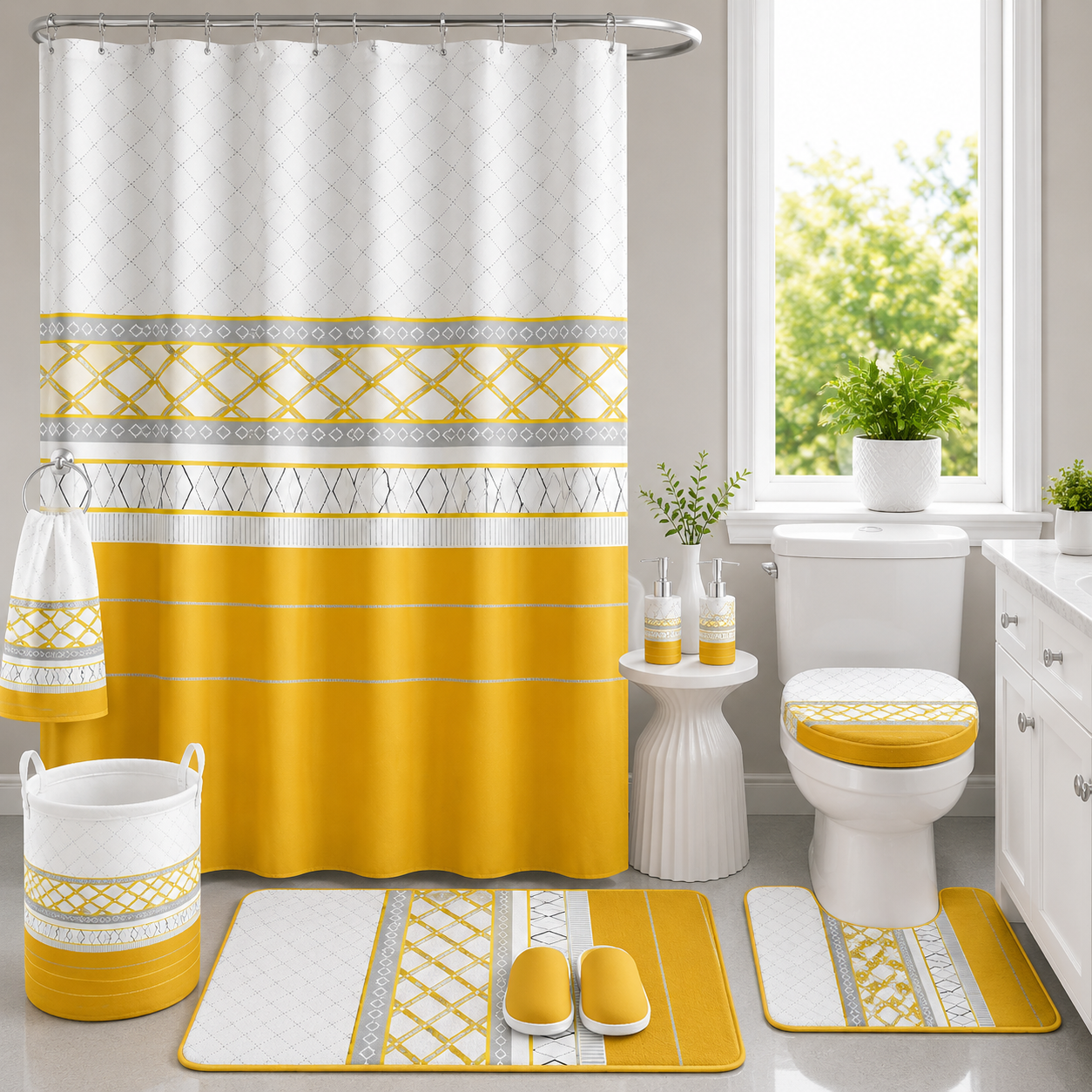 Ensemble de Literie Luxe Or et Blanc 24 Pièces King avec Rideaux et Accessoires de Salle de Bain