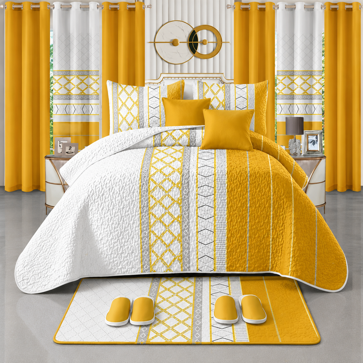 Ensemble de Literie Luxe Or et Blanc 24 Pièces King avec Rideaux et Accessoires de Salle de Bain