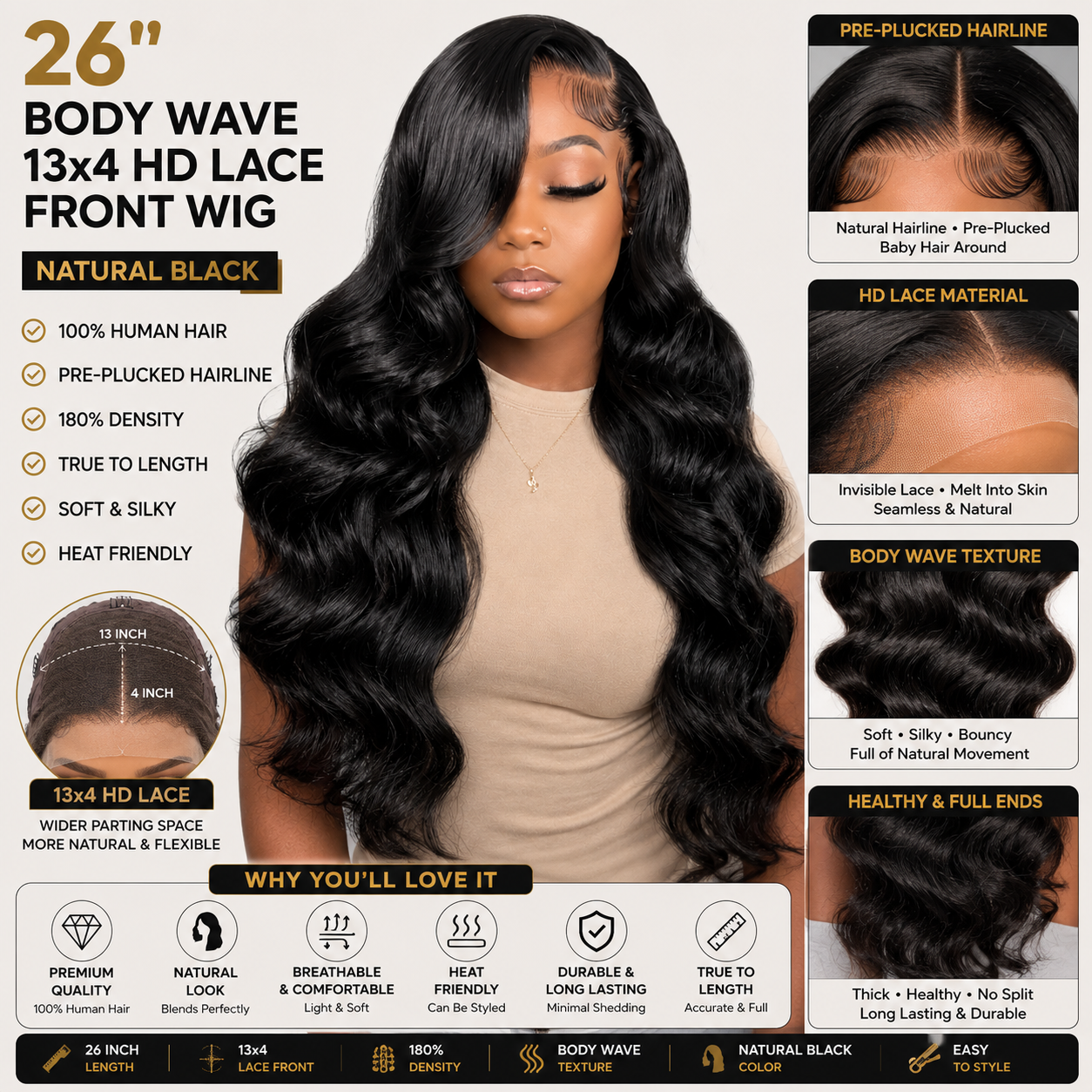Perruque Lace Front HD 13x4 Cheveux Humains Body Wave 26 po – Noir Naturel, Pré-Épilée, Densité 180 %