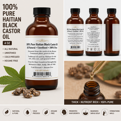 Huile de Ricin Noire Haïtienne 100 % Pure – 4 oz