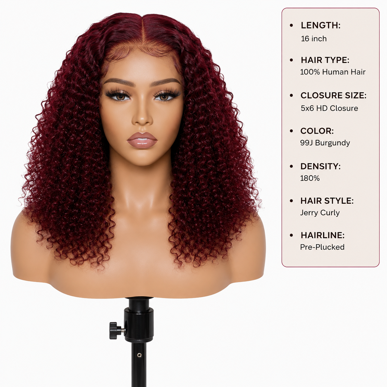 16″ 5x6 HD Closure Jerry Curly Human Hair Wig – 99J Burgundy, Pre-Plucked, 180% Density Clessenza Beauty Store