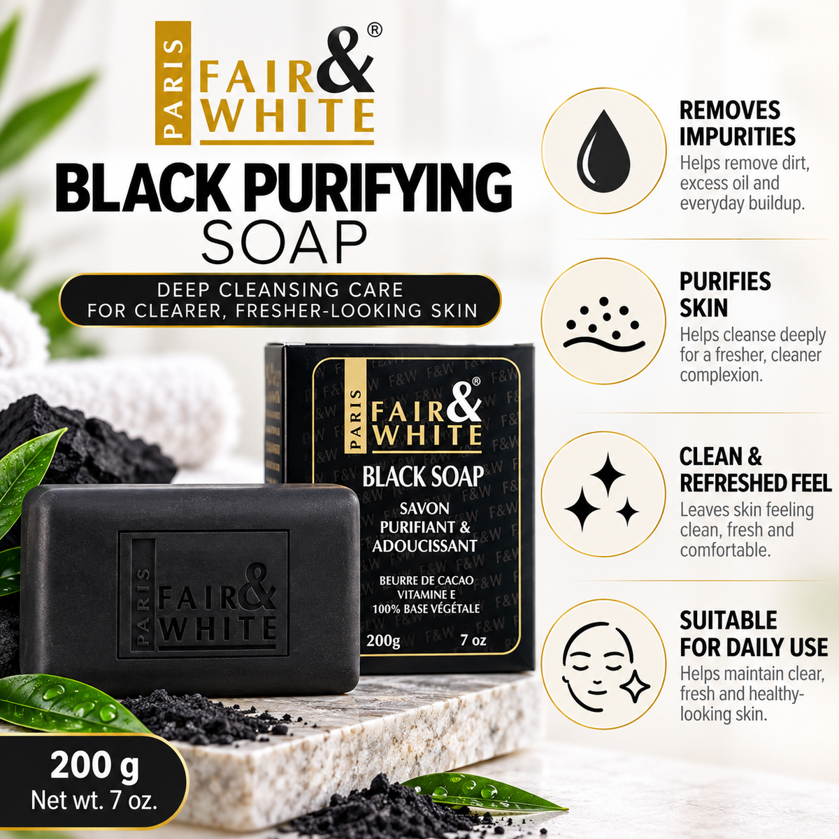 Fair & White Paris – Original Black Purifying Soap With Vitamin E, 200g Fair & White Paris