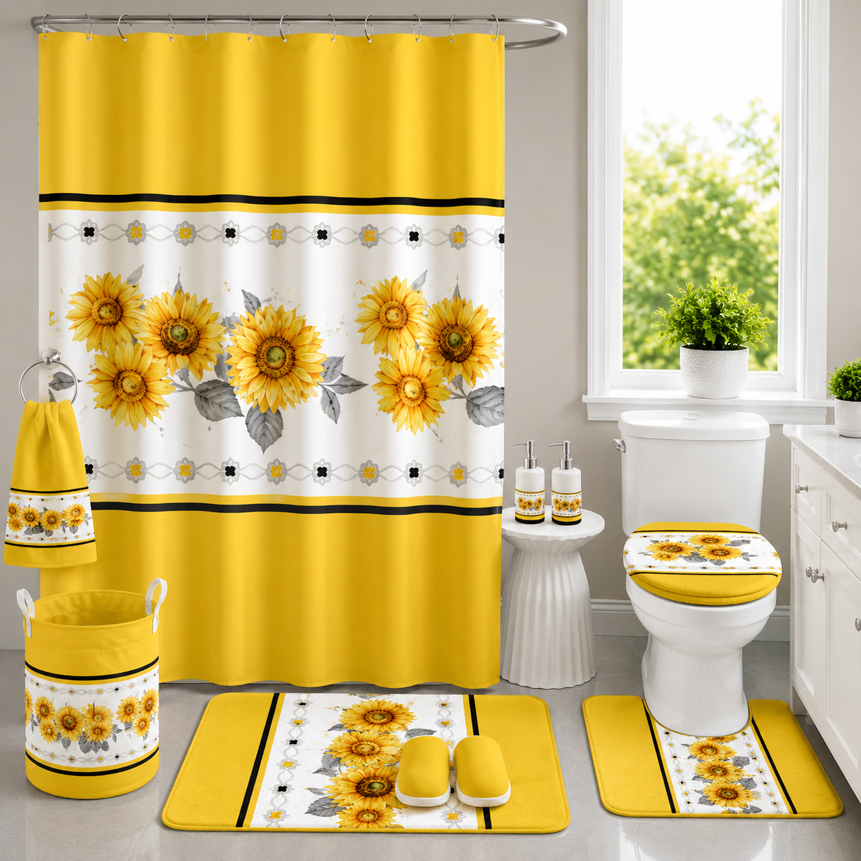 Ensemble de Literie Luxe Tournesol Jaune et Blanc 24 Pièces King avec Rideaux et Accessoires de Salle de Bain