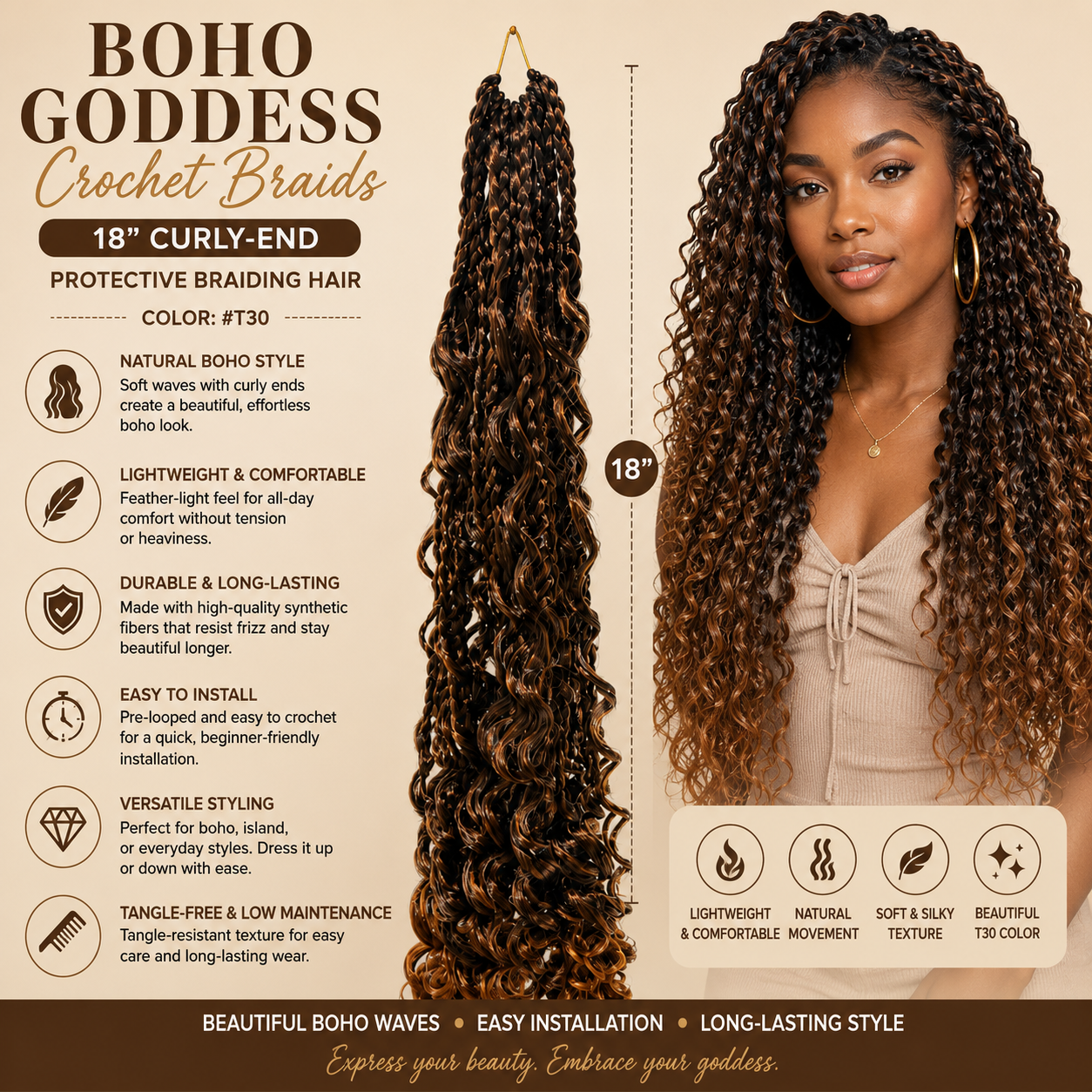 Boho Goddess Crochet Braids 18" – Curly-End Protective Braiding Hair #T30