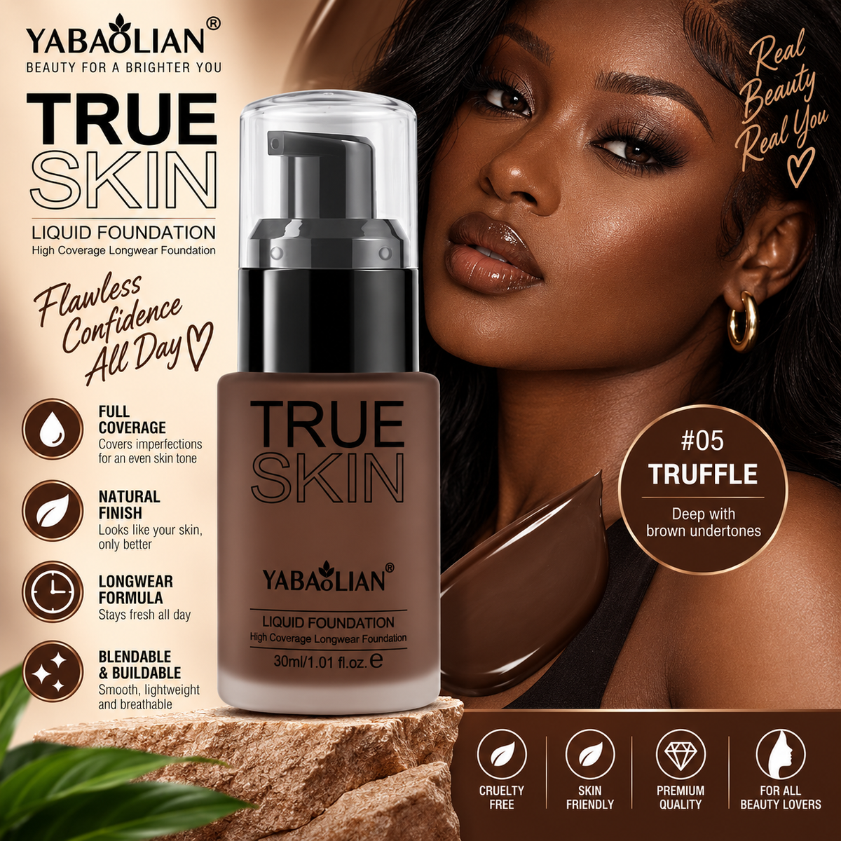 Yabaolian True Skin Liquid Foundation – Full Coverage Natural Finish Foundation Clessenza Beauty Store