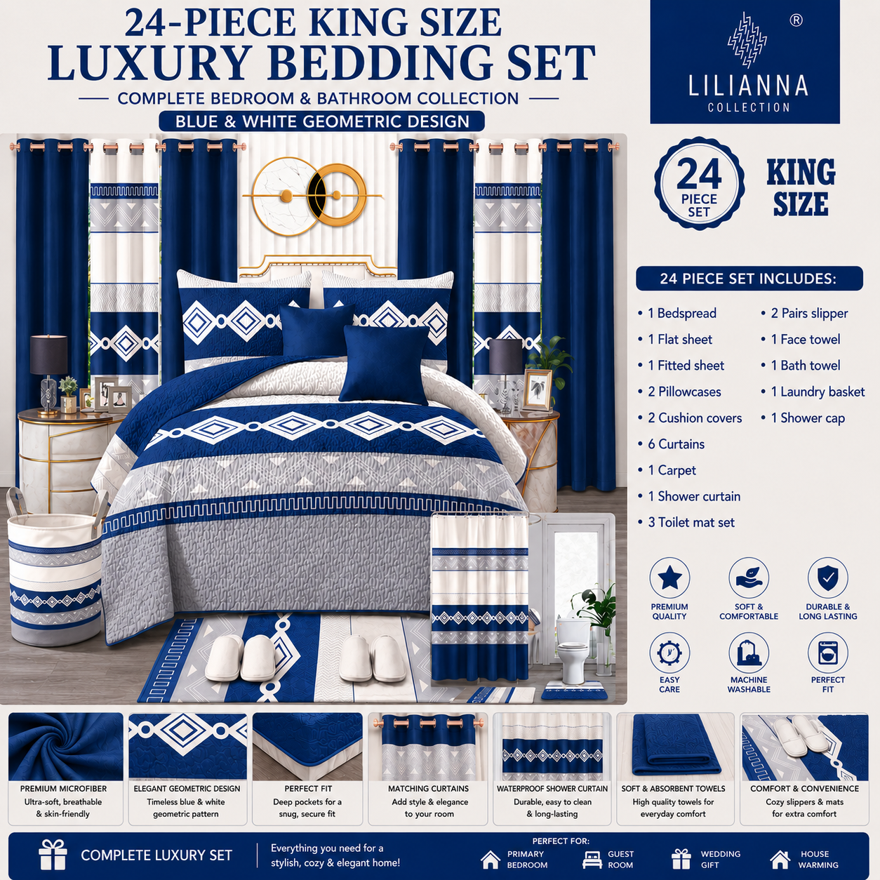 24-Piece King Size Luxury Bedding Set with Curtains & Bathroom Accessories – Blue & White Geometric Design