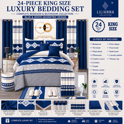 24-Piece King Size Luxury Bedding Set with Curtains & Bathroom Accessories – Blue & White Geometric Design